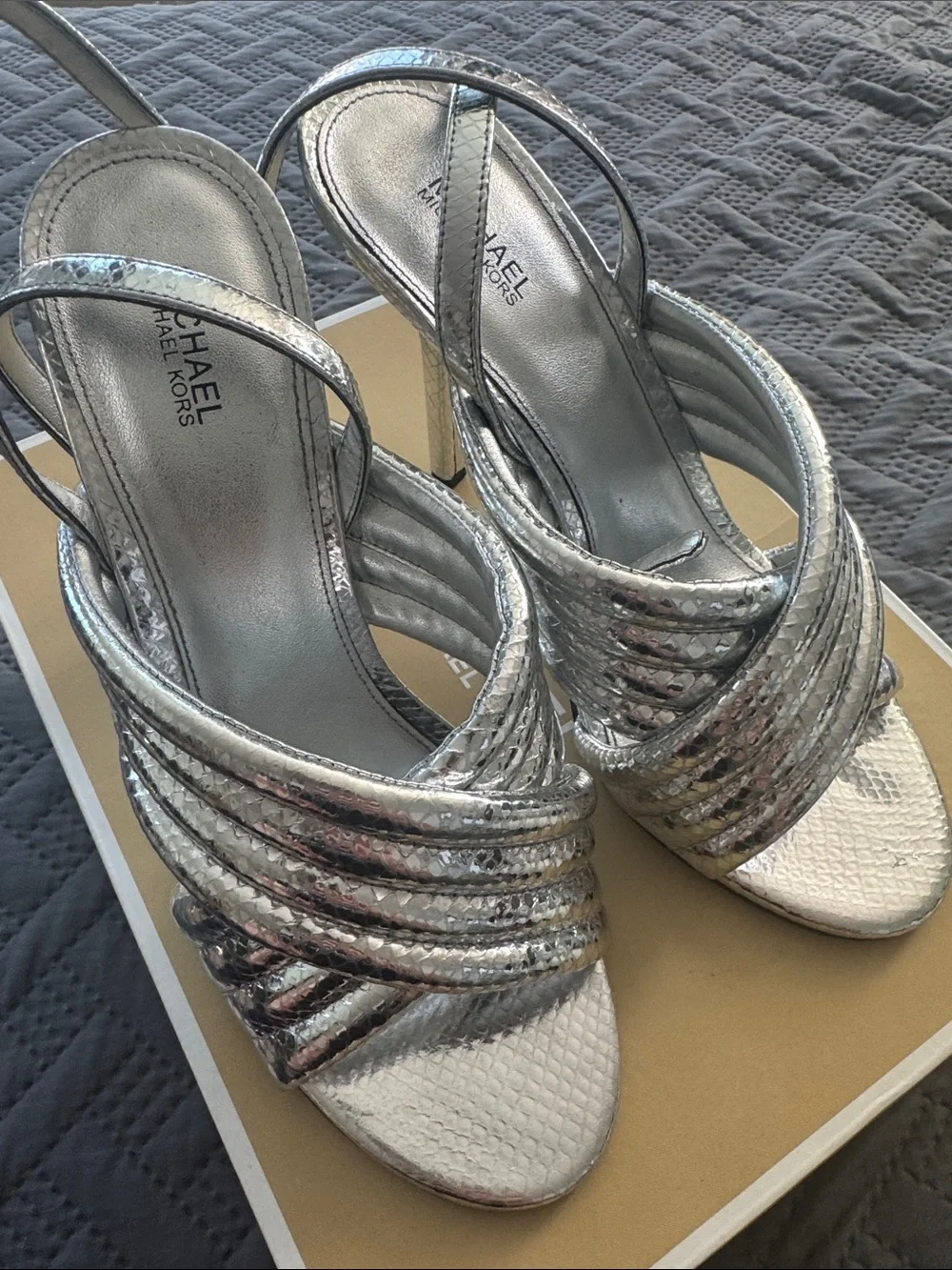 Michael Kors Silver Metallic Crisscross Slingback Heels